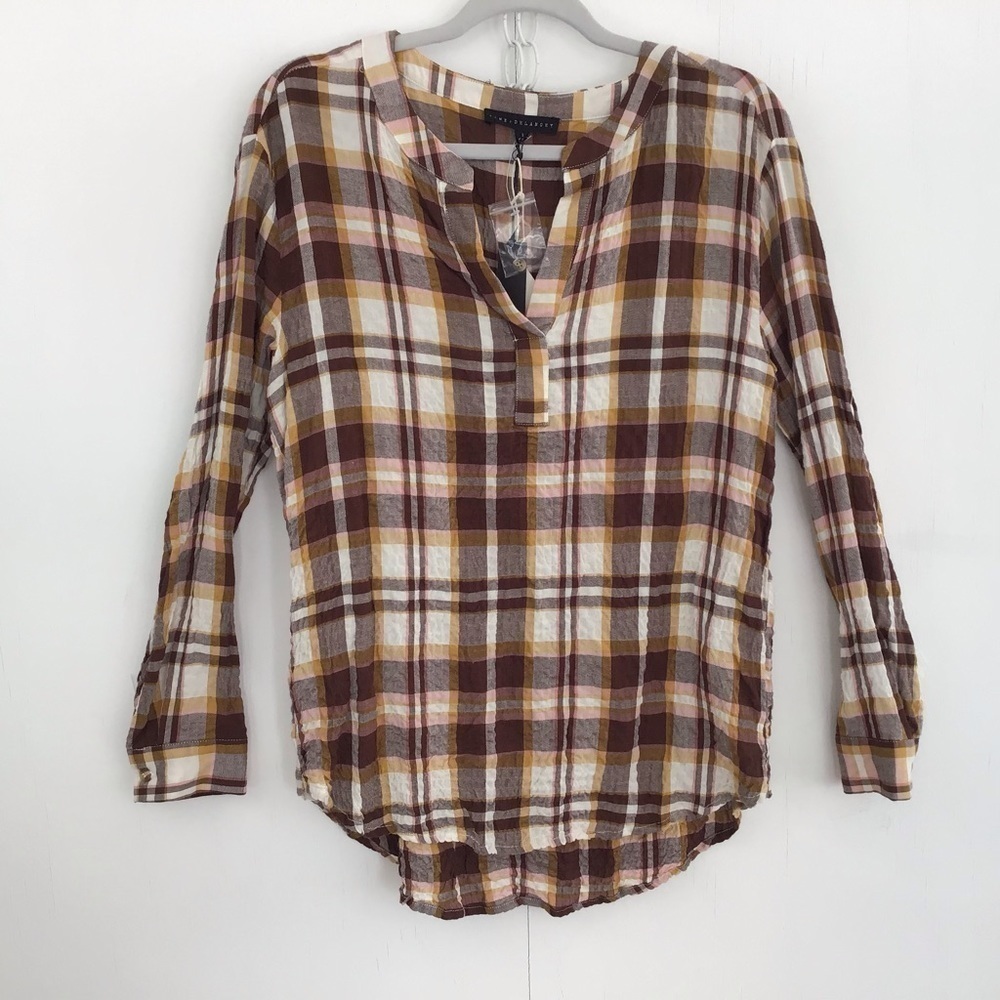 Jane & Delancey brown plaid wrinkled rayon open neck long sleeve tunic S -M NWT
